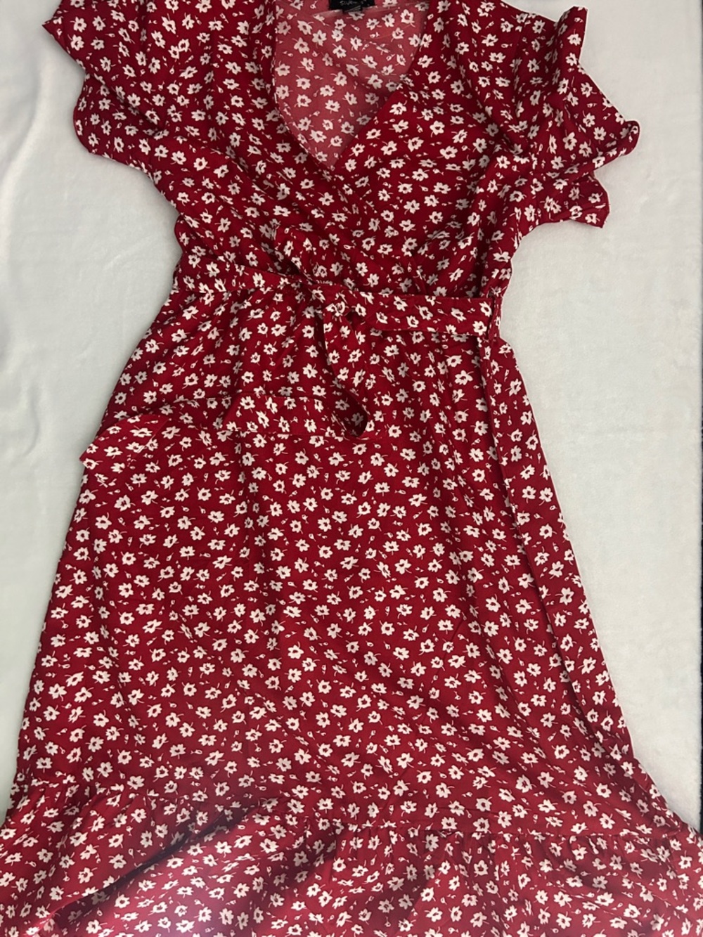 Red Floral Wrap Dress with Ruffle Details